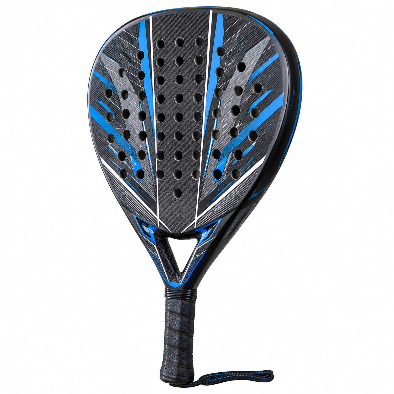 Pala de pádel profesional negro y azul con perforaciones