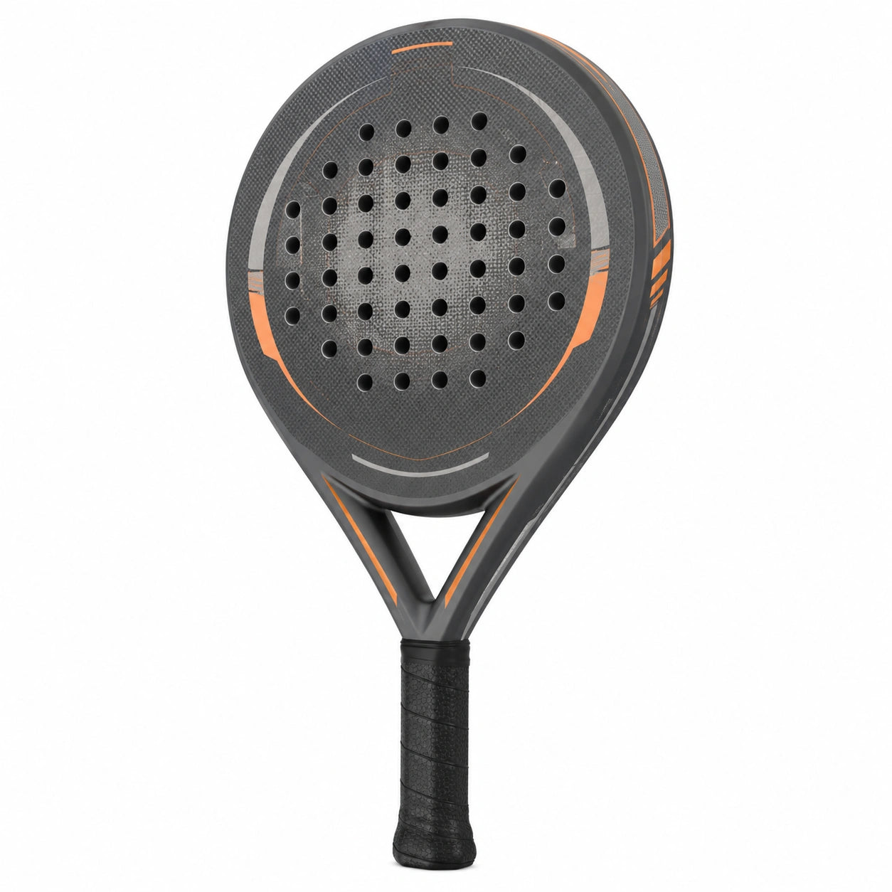 Pala de pádel redonda negra y naranja con agujeros estratégicos