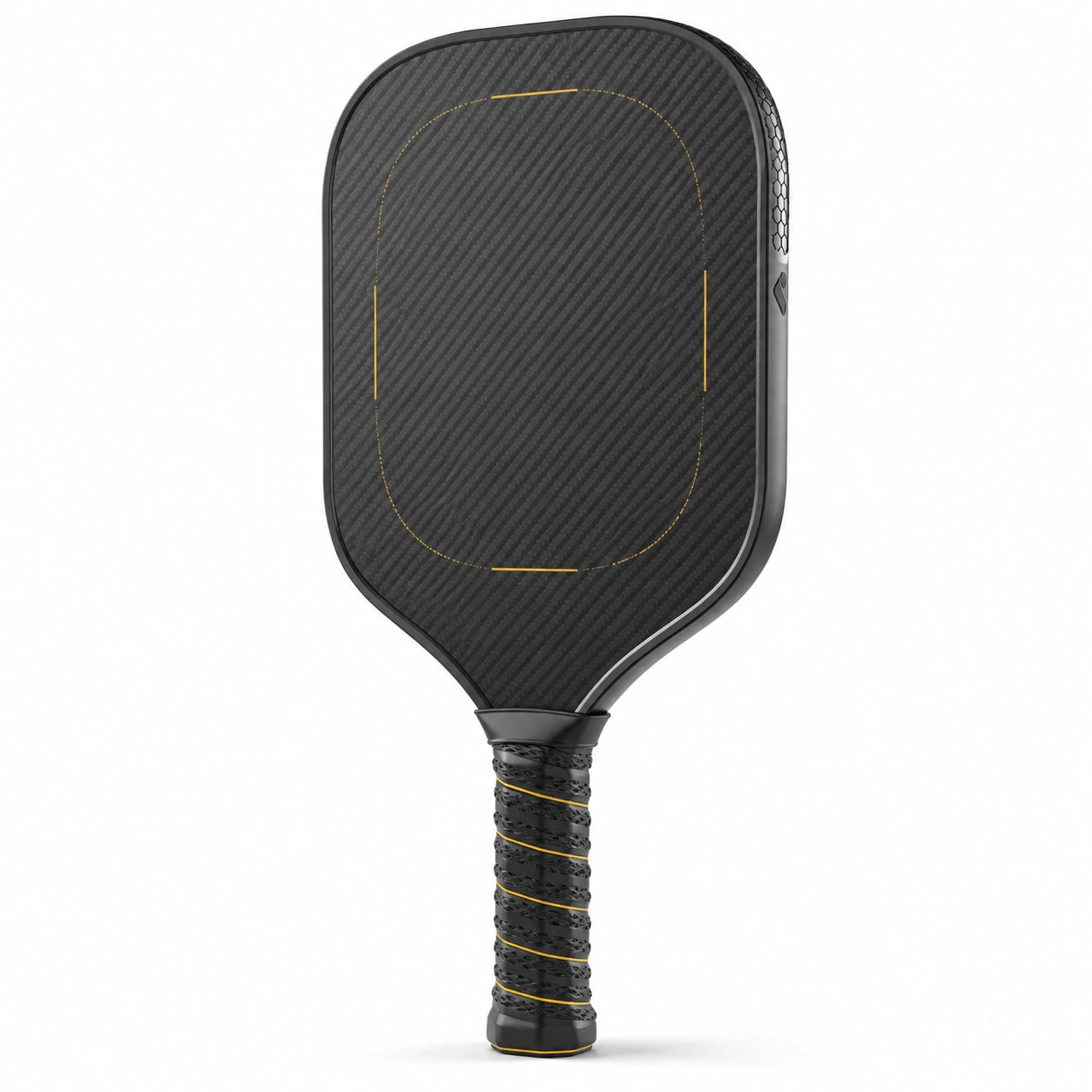 Pala de pickleball negra con detalles amarillos