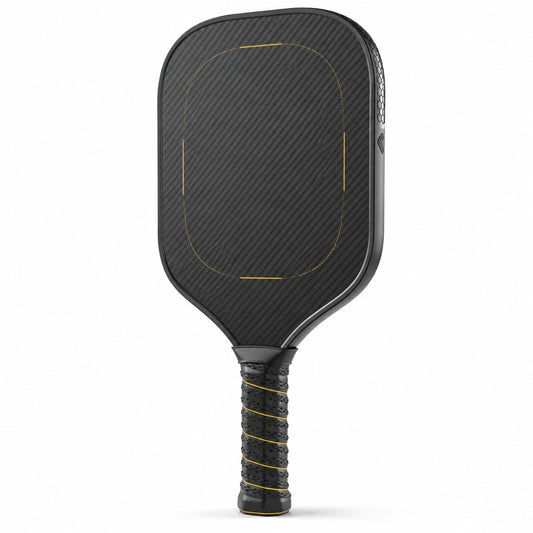 Pala de pickleball negra con detalles amarillos
